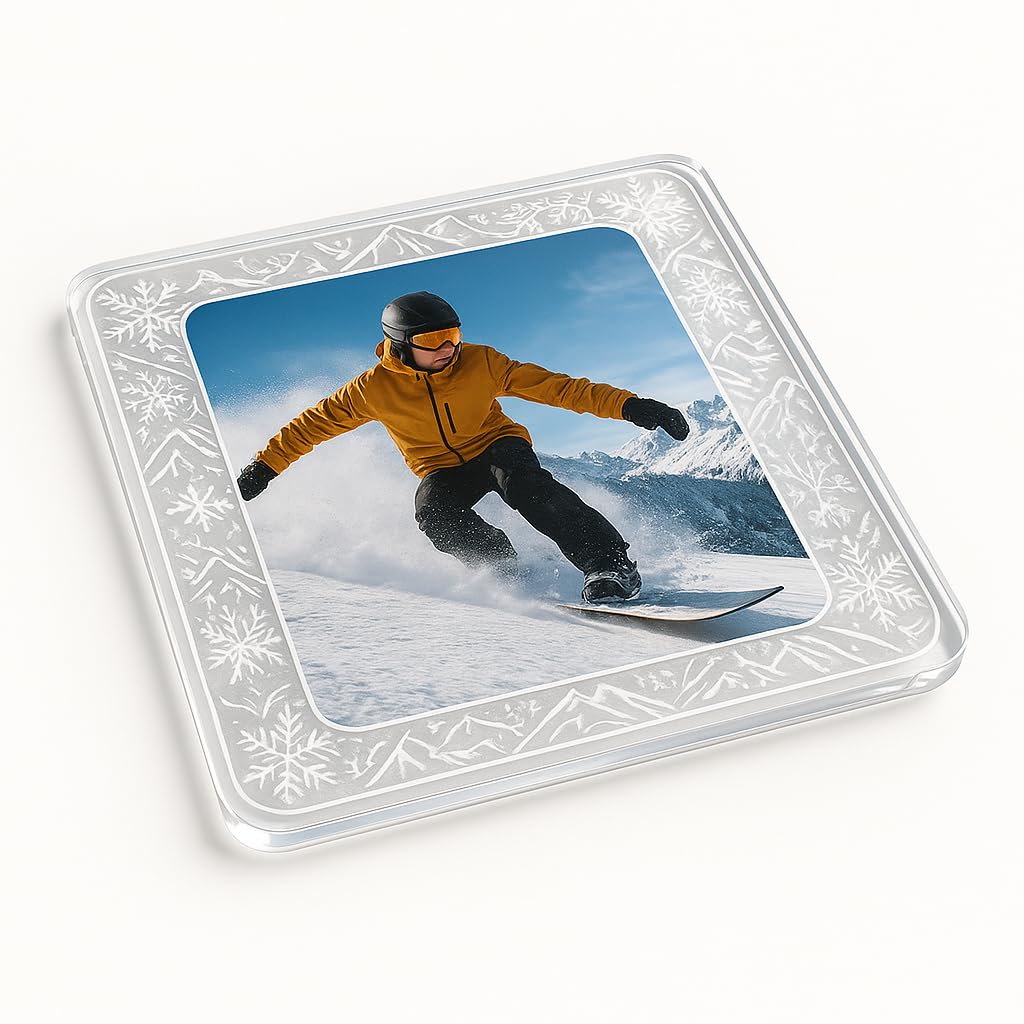 The Plum Penguin Snowboarding Personalised Acrylic Coaster Gift - Adventure Photo Frame - Dynamic Winter Sports Keepsake For Snowboarders