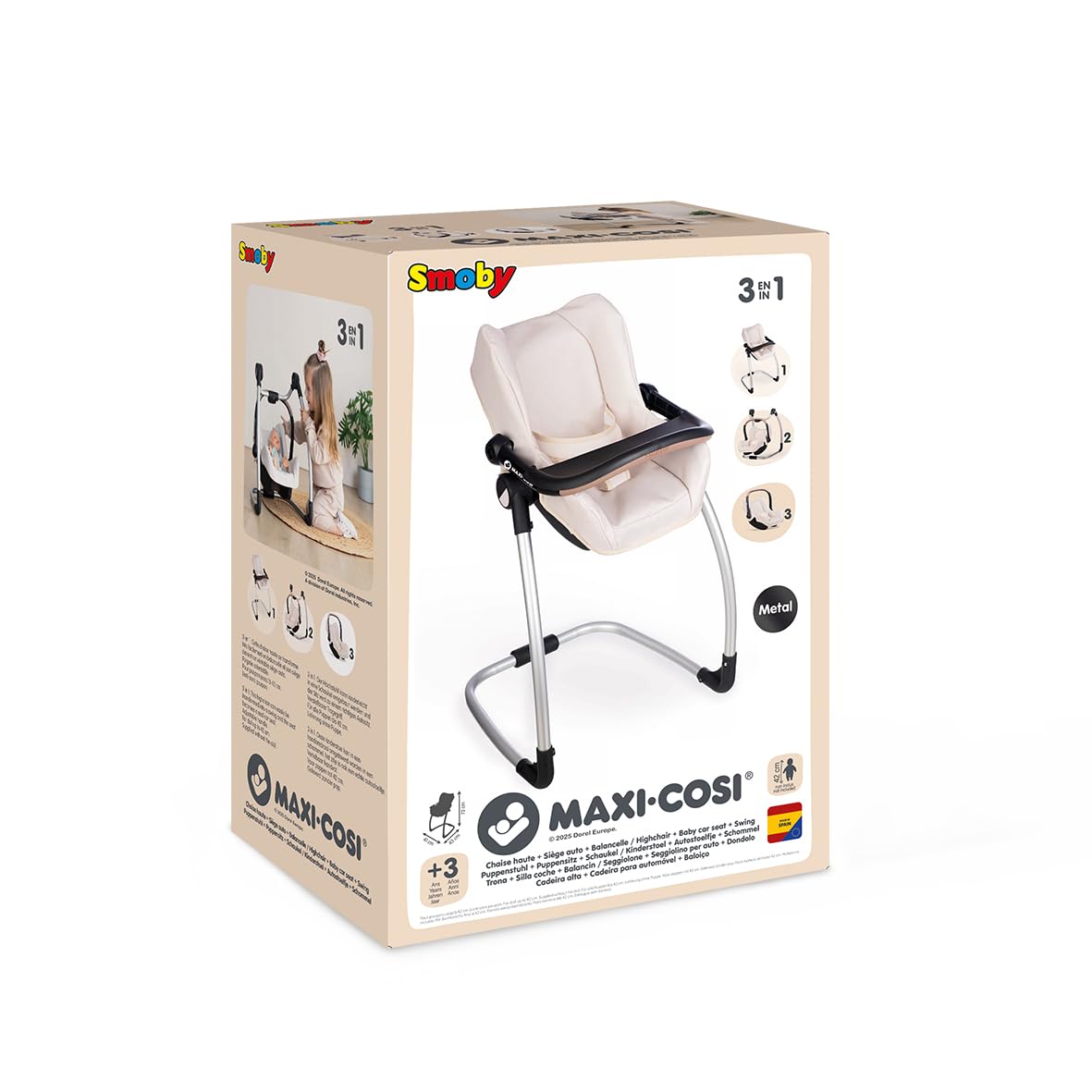 Smoby - Maxi-Cosi - Seduta e seggiolone beige - Per bambini fino a 42 cm - Giocattolo imitazione - Tablet, dondolo, seggiolino auto - Dai 3 anni - Prodotto in Spagna