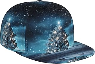 Snowy Night Christmas Tree Printed Baseball Cap, Adjustable Flat Brim Suitable for Travel, Tennis, Fishing Black