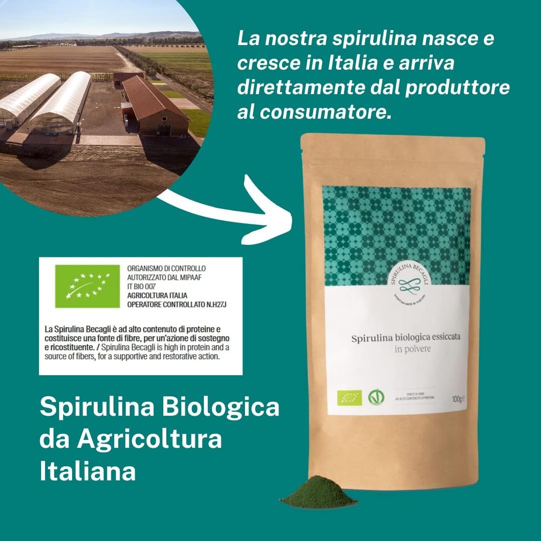 Severino Becagli Spirulina made in Tuscany Spirulina Becagli-Alga Spirulina Essiccata in Polvere-100% Biologica Made in Italy ricca di Ficocianina-Bio-Ok Vegan-Prodotto in Toscana (100 gr.)