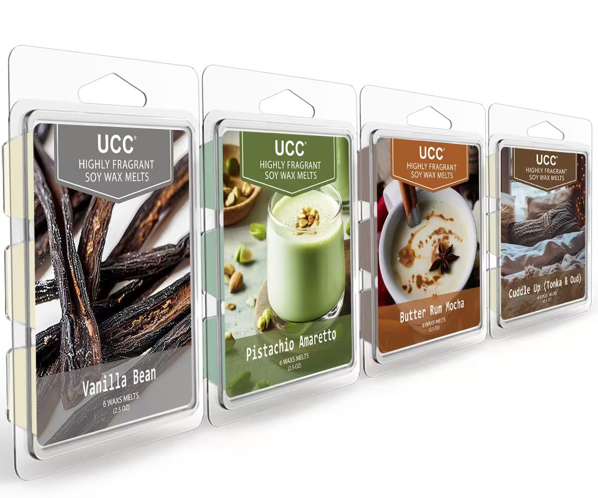 UCC Wax Melts, Soy Wax Cubes Strong Scent Long Lasting Premium Scented Mix Melts Tarts-Pistachio Amaretto, Butter Rum Mocha, Cuddle up (Tonka &amp; Oud), Vanilla Bean - 4 Pack