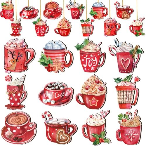 BBTO Pieces Christmas Hot Cocoa Wood Ornaments with Rope Christmas Hanging Decoration Red Cafe Cup Ornament…