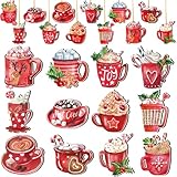 BBTO 36 Pcs Coffee Cup Christmas Ornaments Wooden Hot Cocoa Mug Ornaments Decorations Red Christmas Hanging Decorations for Xmas Tree Winter Party Window Bar Holiday Decor