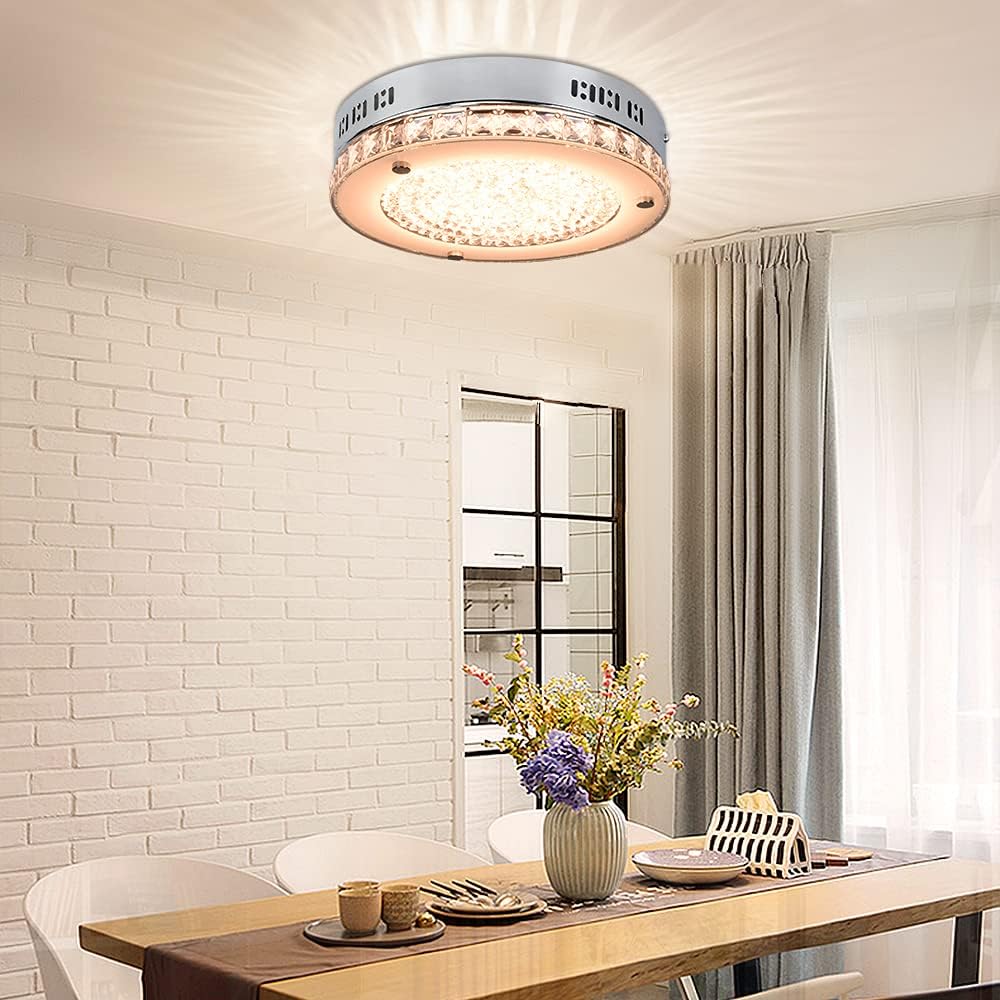 Depuley 18W LED Crystal Flush Mount Ceiling Light with Remote, 11-Inch Modern Dimmable Close to Ceiling Lights Fixtures with 3000K-6000K for Kitchen, Bedroom, Hallway, 1440LM 3 Color Changeable - - 
