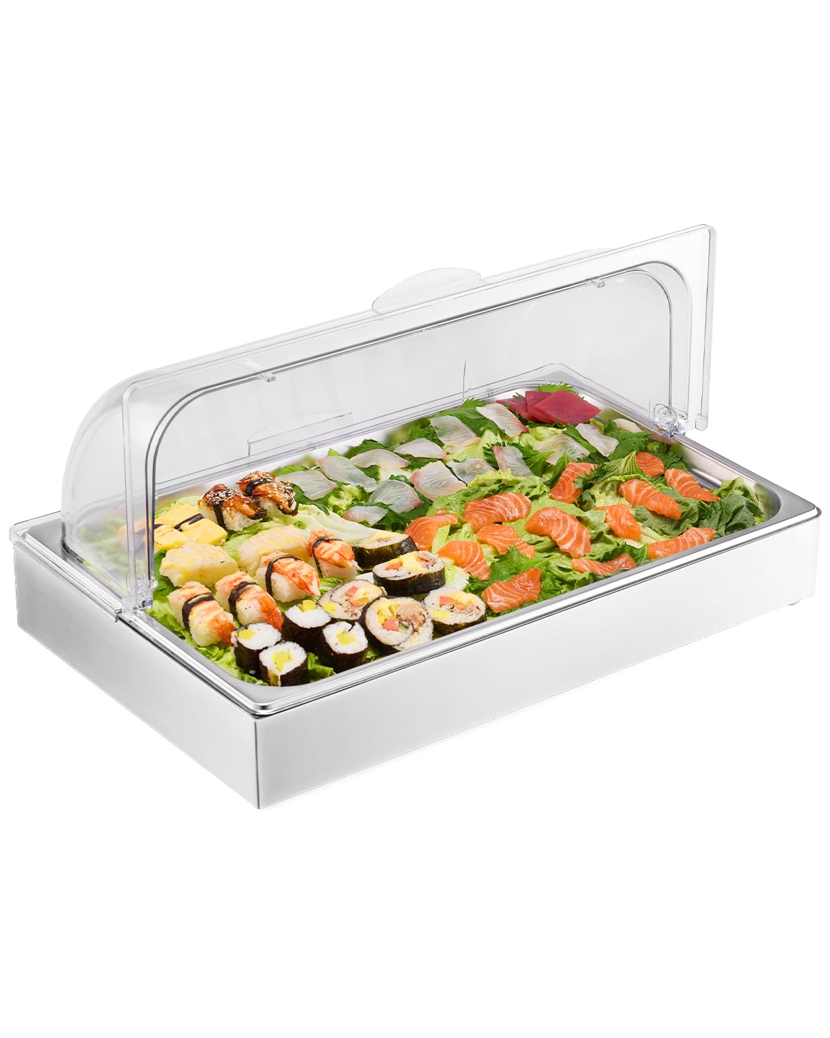 Photo 1 of VEVOR Countertop Food Serving Display Container, 1 x 1 Pan Stainless Steel Food Serving Tray, Buffet Condiment Dispenser Display Rack with Clear Lid & 3 Ice Trays, for Restaurant Hotel Kitchen Party