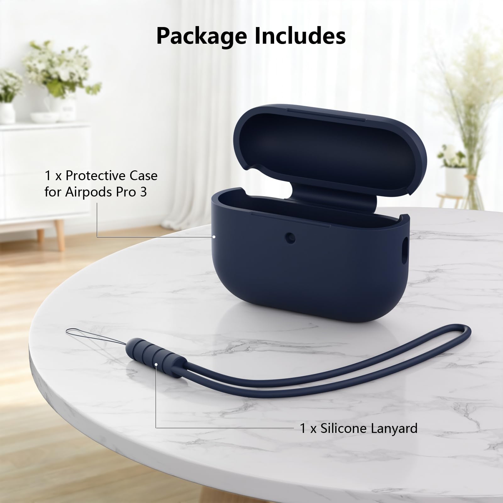 Etui ochronne kompatybilne z Airpods Pro 3 generacji, pełna ochrona, silikonowe etui do AirPods Pro 3 ze smyczą, przednia dioda LED może być widoczna, Midnight Blue