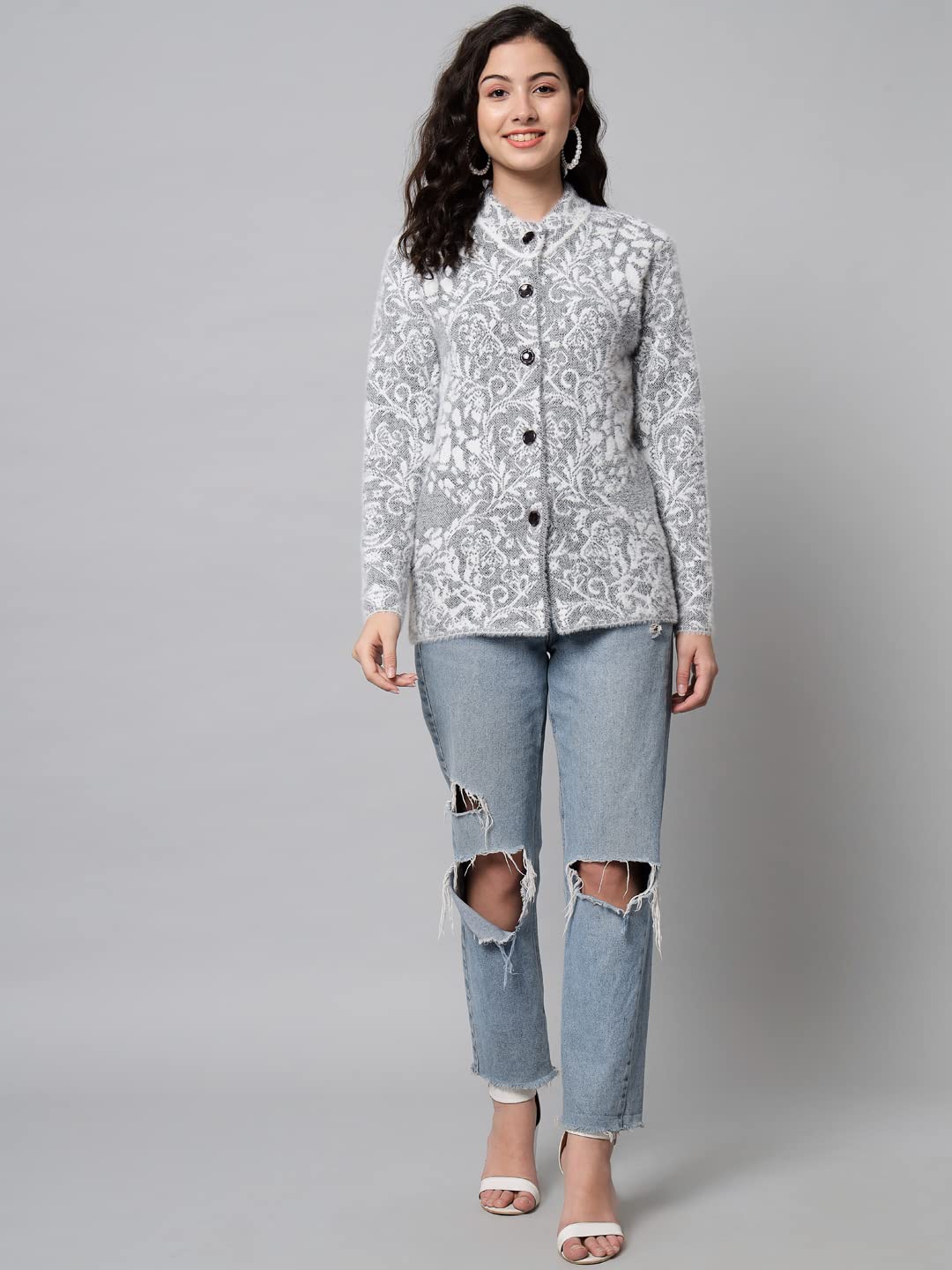 eWools Women's Wool Round Neck Cardigan (L, Black) - Image 7 thumbnail