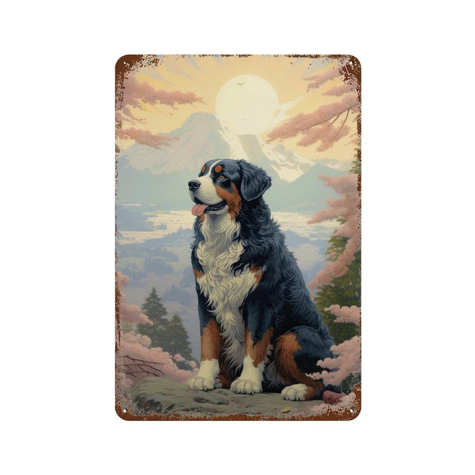 Distressed Metal Wall Sign Bernese Mountain Mt Fuji 11.8"x7.9", Decorative Metal Wall Art for Farmhouse, Kitchen And Entryway Decor