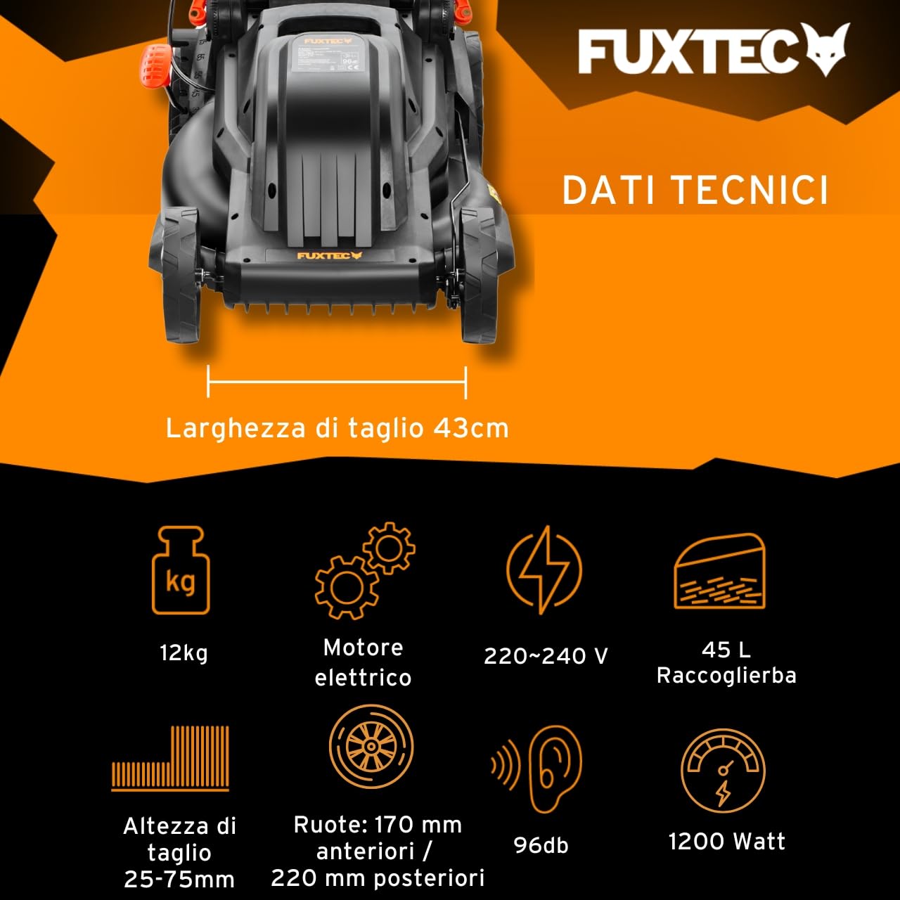 Tagliaerba Elettrico FUXTEC FX-RME43-44 cm Larghezza di Taglio, Cesto da 45 L, Altezza Regolabile 25-75 mm, Tosaerba Silenzioso ed Efficiente