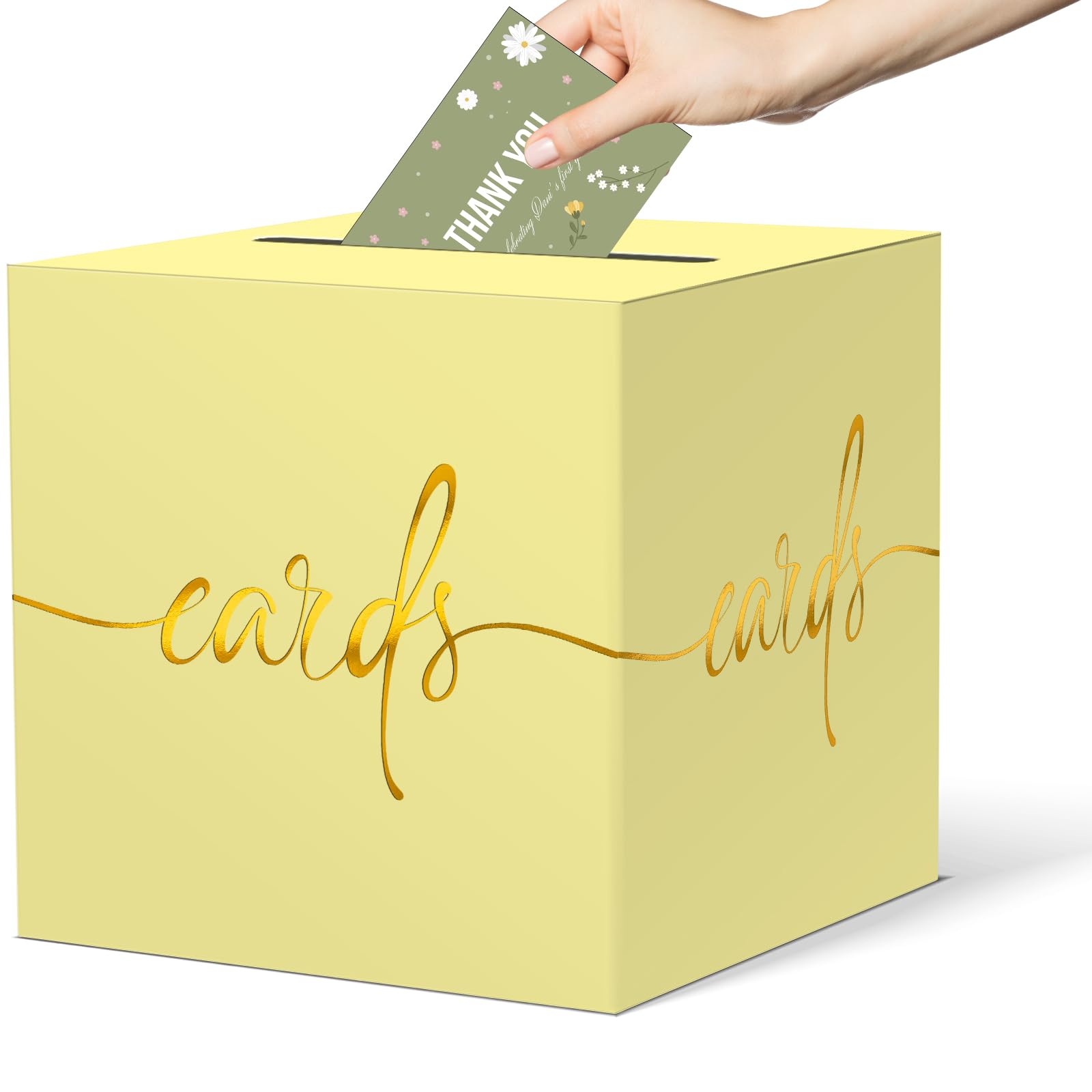 Light Yellow Card Box with Gold Foil Design, Paperboard 8.7" Gift Card Holder for Wedding Graduation Birthday Party Reception Retirement Anniversary Bridal &amp; Baby Shower