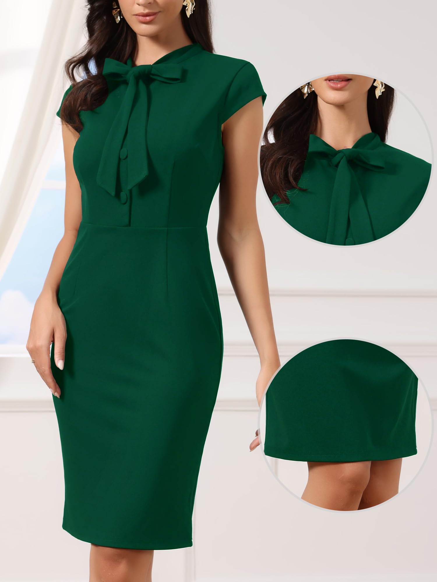 Allegra K Vestido de Trabajo para Mujer Elegante con Cuello de Lazo Mangas Cortas Botones y Cremallera Lateral
