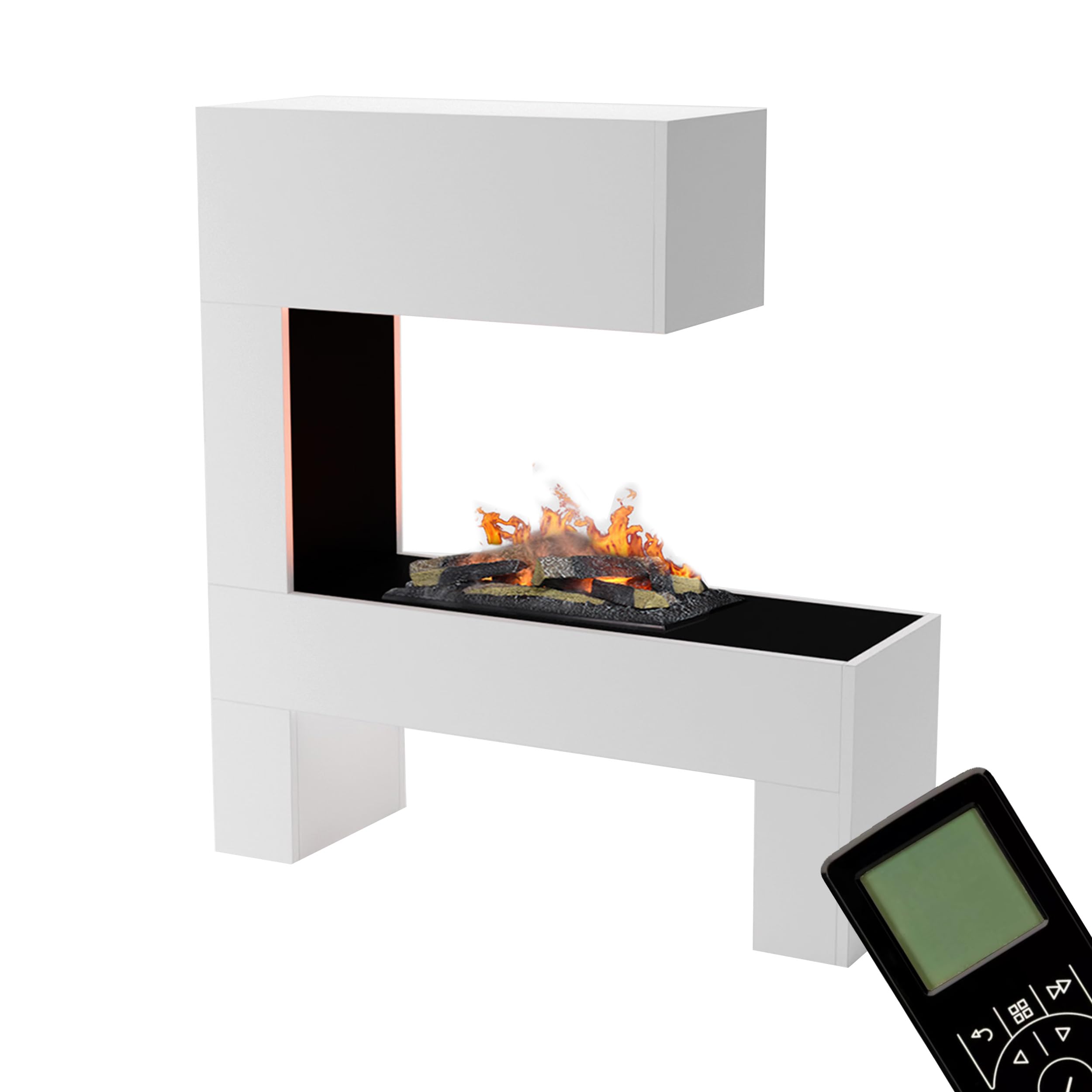 GLOW FIRE Wasserdampf Kamin Mozart (Standkamin) - Elektrokamin mit realistischen LED 3D-Flammen, Knistereffekt & Fernbedienung, 110x120x35 cm - Opti-Myst 600 Elektro Kamin mit Holz-Deko, Weiß