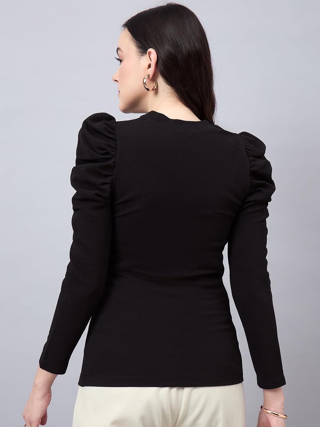 Style Quotient Women Black Texture Polyester Slim Fit Smart Casual Puff Full Sleeve Top - Image 4 thumbnail