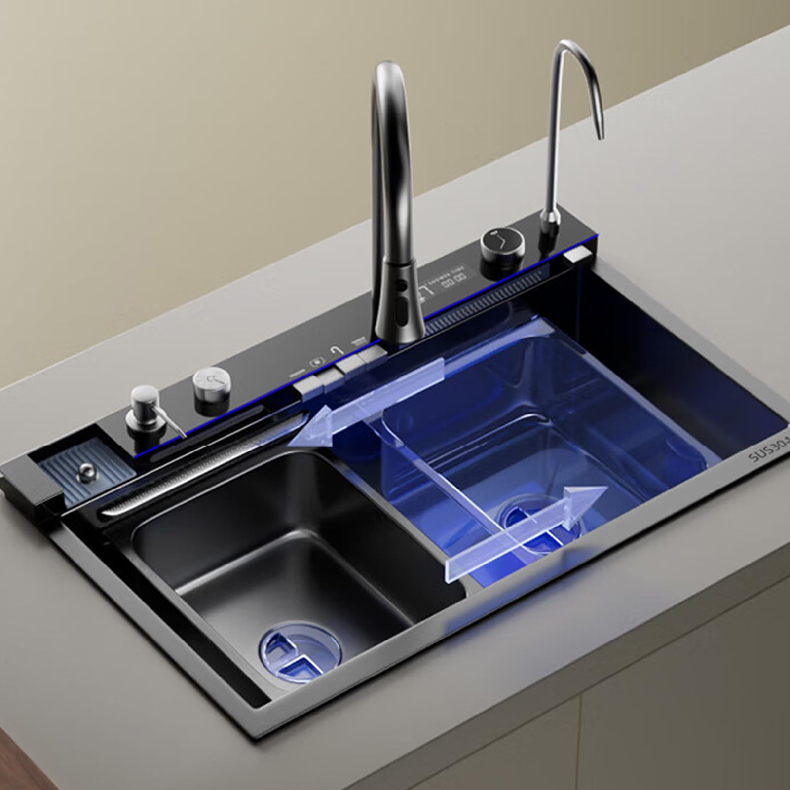ZQFHSX 68 x 46 cm Waterfall Kitchen Sink, 1 Stainless Steel Sink Nano Coating, 4-Way Tap, Spacious Workstation, in the with Chopping Board, Accessories