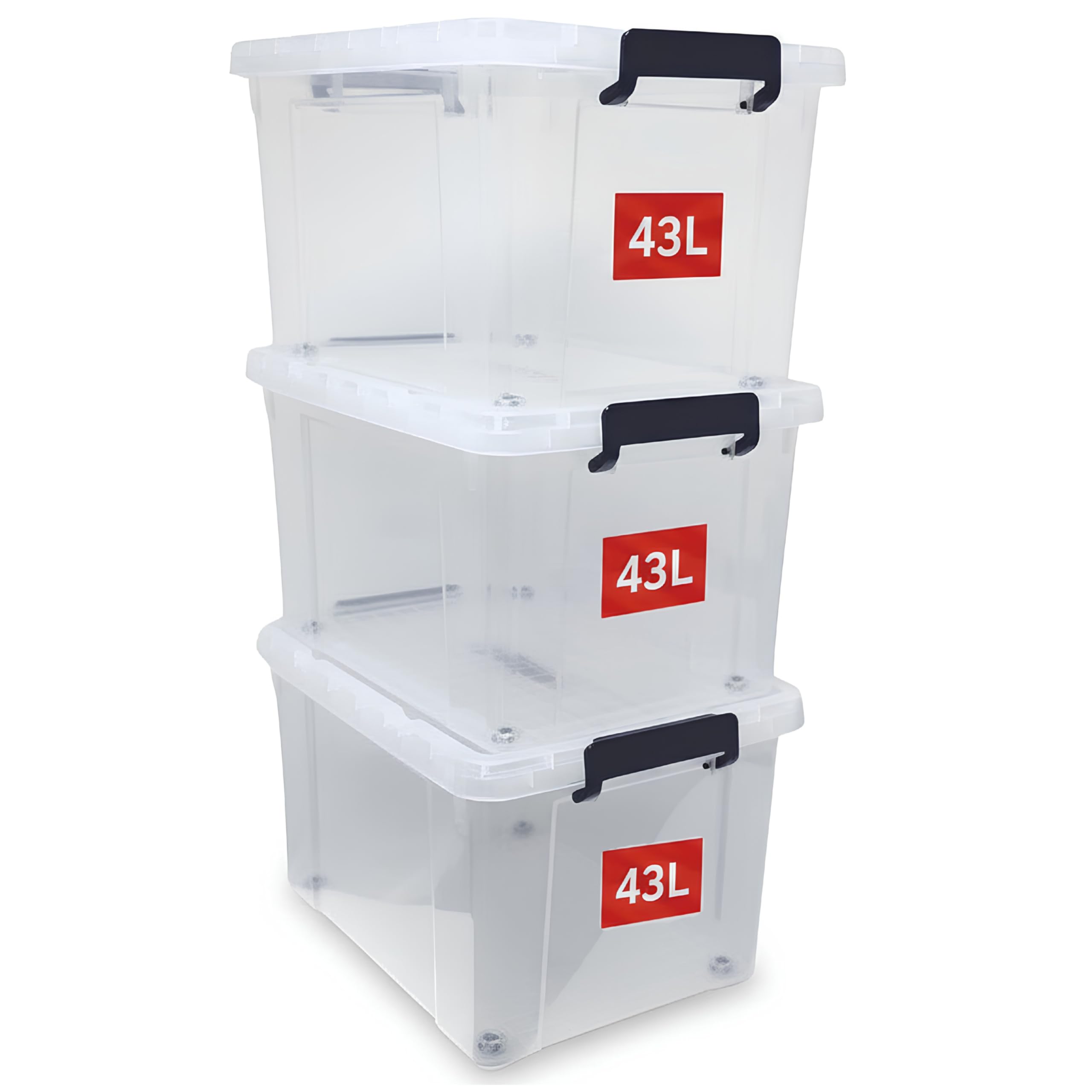 BARGAIN FACTORY 3 x Clear Plastic Storage Container Large Boxes With Lids, Closing Clips and Wheels 43L Integrated Handles Stackable BPA Free Box For Bedroom Office Living Room Kitchen