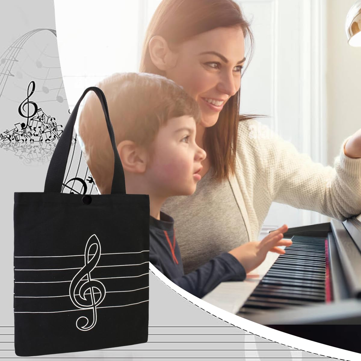Bolsas de comestibles reutilizables con patrón de música, bolsa de música, bolso de hombro, Clave triple 4