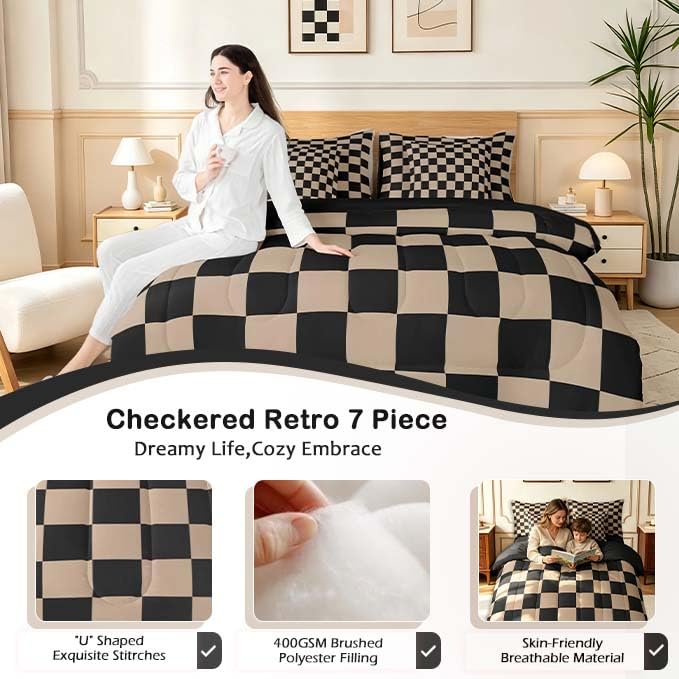 Image of Feelyou Checkered Retro Comforter Set with Sheets 7 Piece King Size Brown Plaid Bed in a Bag Kids Boys Girls Geometric Vintage Bedding Set Modern Simple Groovy Aesthetic Bedroom Decor Breathable Soft