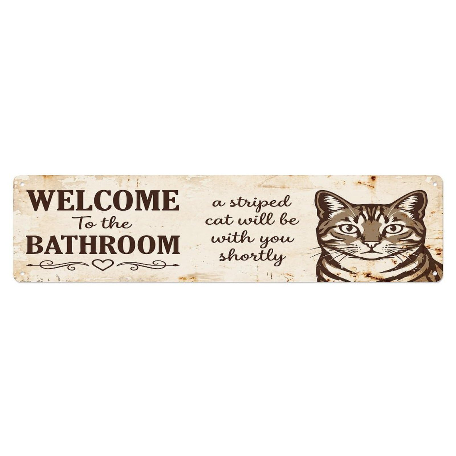 Vintage WELCOME To The BATHROOM Striped Cat Metal Tin Sign