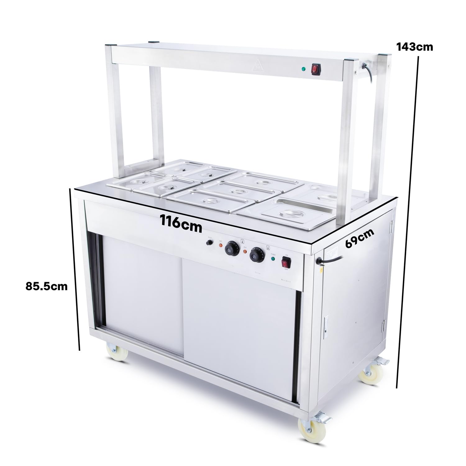 Armario móvil comercial para baño maría y caliente con pórtico calentado, estación de 150 cm de ancho, incluye 11 sartenes GN, calentador de catering de 240 V (enchufe británico)