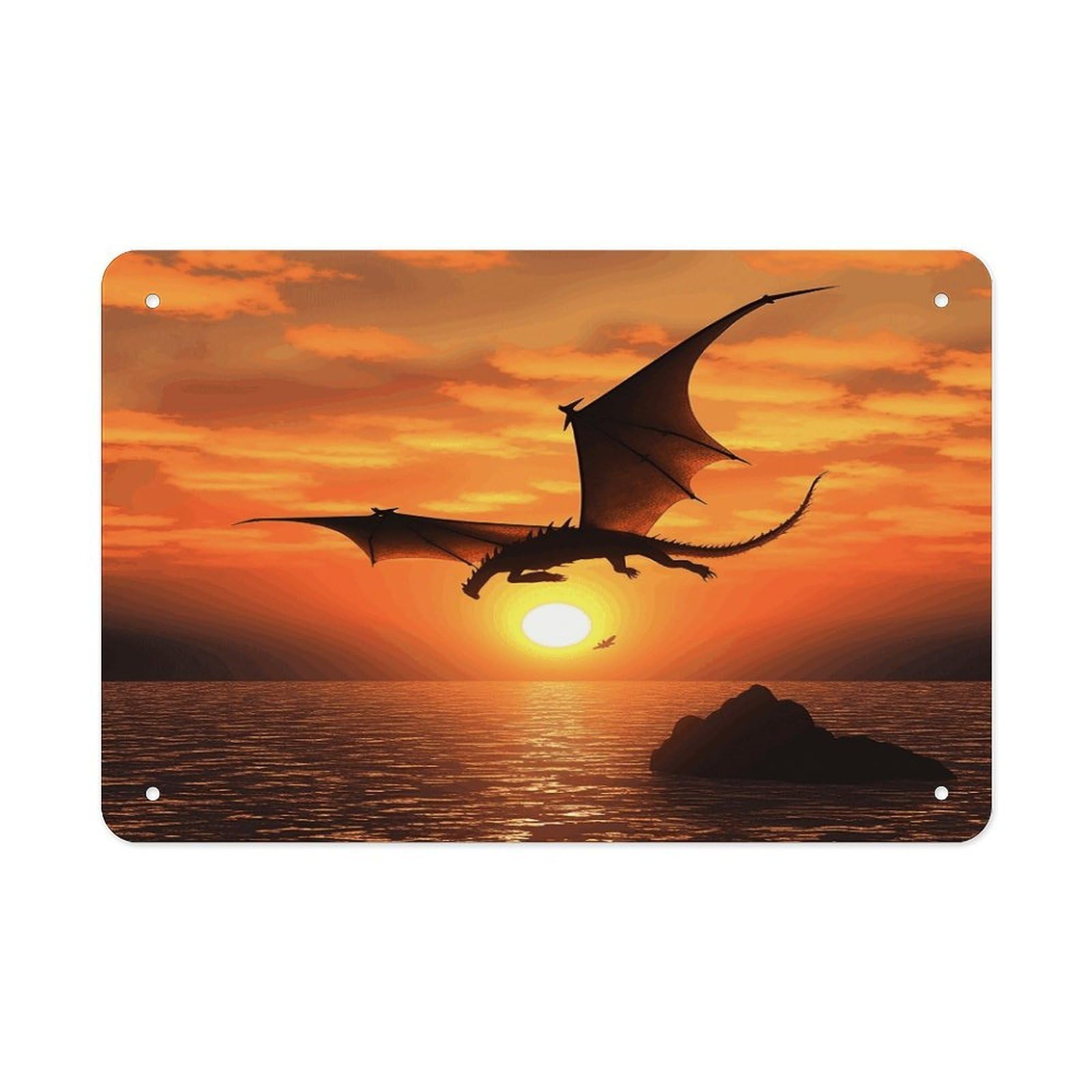 Sea Sunset Flying Dragon Metal Tin Sign 12"x8" Wall Art Prints Poster Decorative Picture Metal Signboard Decor Painting Folded Edge Iron Sheet Painting with Holes for Wall Decor