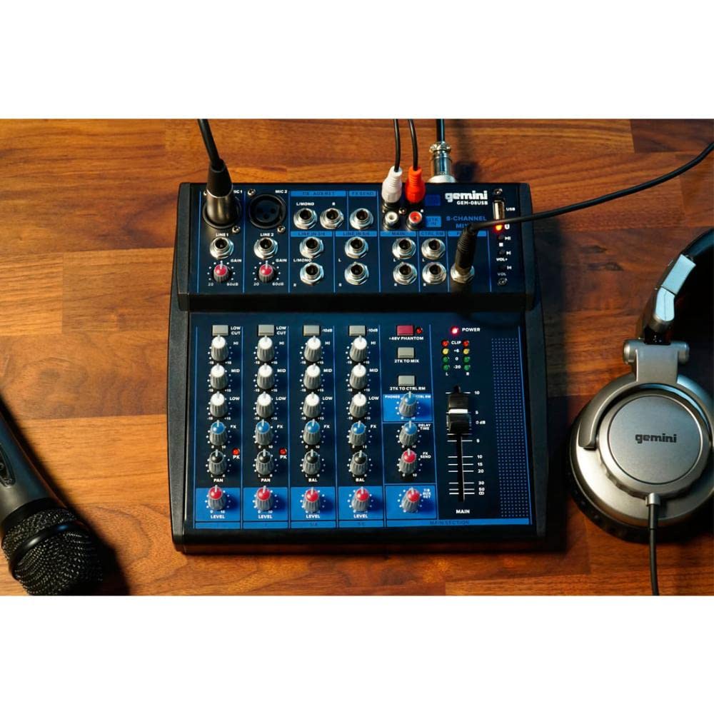 Gemini Sound GEM-08USB - Table de Mixage Analogique Compact à 8 Canaux comprenant 2 Canaux Micro, EQ de Bande 3, Lecture USB à partir de Périphériques USB et en Streaming Bluetooth