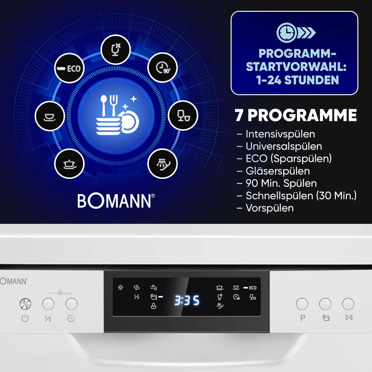 Bomann GSP 7418 Geschirrspüler 45 cm 10 Maßgedecke Stand Unterbau LED-Display weiß
