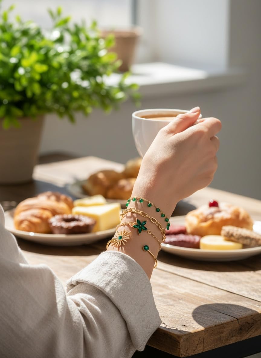 Stackable Gemstone & Rhinestone Bracelets Set with Faux Pearl Decor | 4pcs Dainty Stacking Cuff Bracelets, Flower Design Water Drill Chain Bracelet for Women - Versatile Layered Jewelry Gift Set - Image 7