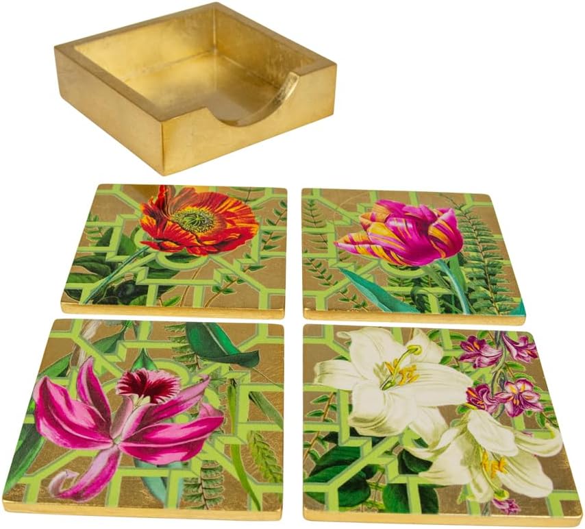 Caspari La Dolce Vita Gold Lacquer Coasters with Holder – Set of 4 Decorative Square Drink Coasters, 4” Each