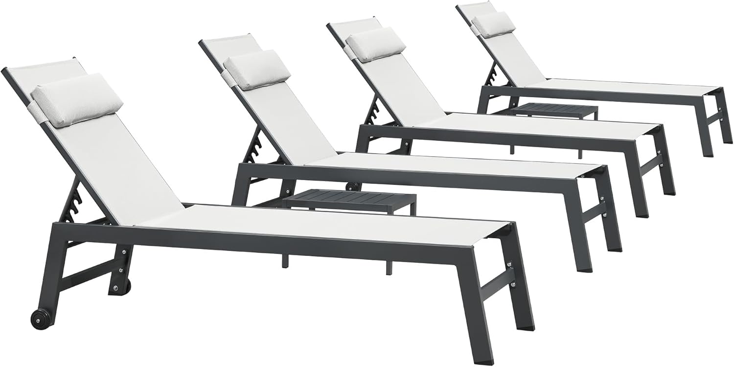 PURPLE LEAF Outdoor Lounge Chair Set Patio Chaise Pool Lounger Aluminum Frame with 2 Side Table and Wheels for Outside Sunbathing Tanning Recliner Including Pillows White