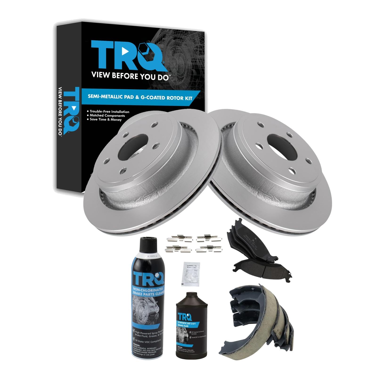 TRQ Rear Brake Pad &amp; Rotor Kit, with Chemical Kit Parking Brake Shoe Set Semi-Metallic Compatible with 2003-2004 Dodge Ram 1500