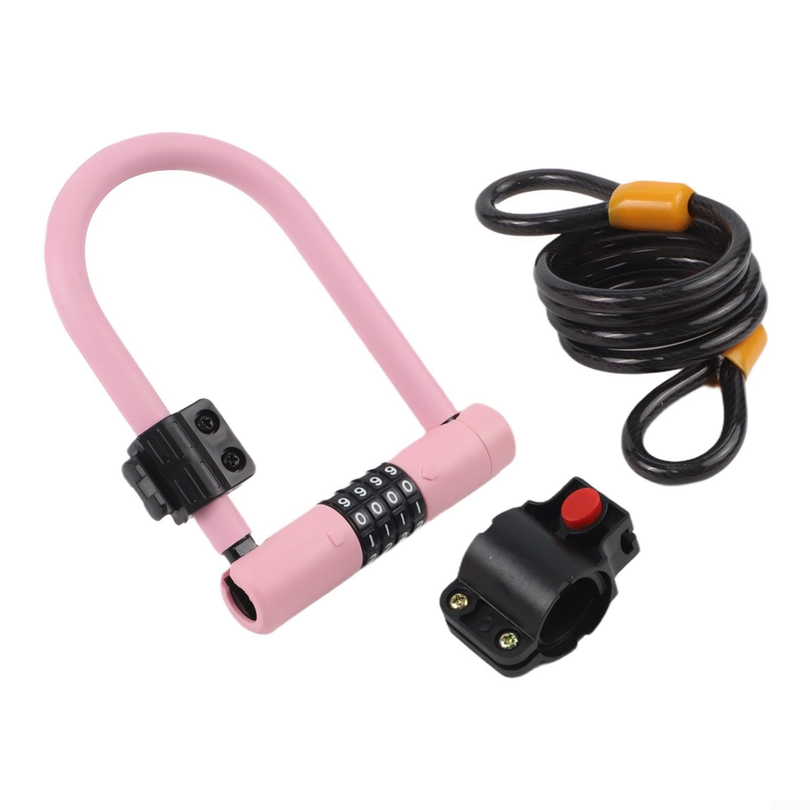 Lucchetto di sicurezza per bici con combinazione a quattro cifre e corpo in lega di acciaio, avvolto in silicone per proteggere il telaio e resistere alle intemperie e alle manomissioni