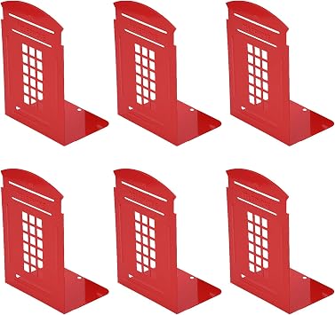 MerryNine 6 Pack Book Ends, Metal Bookends for Shelves, Telephone Booth Decorative Bookends, Non Skid Heavy Bookends, Book, Magazine or CD Organizers for Home and Office Red-6pcs