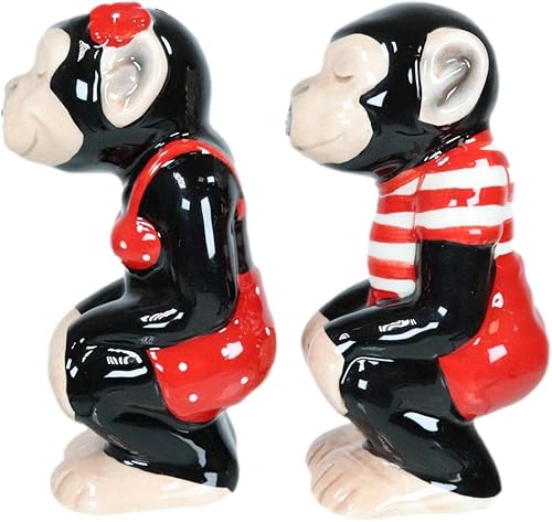 Miniatura 4 de Ebros Gift Circo Carnaval Rojo Selva Monos machos y hembras Simios Chimpancé Pareja Cerámica Salero y Pimienta Estatuilla Set Silvestre Bosque