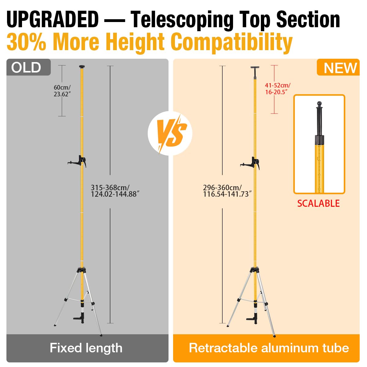 Poste telescópico de nivel láser con trípode, soporte de nivel láser de 3,7 m, incluye soporte láser de 1/10.2 cm-20 y adaptador de 5/20.3 cm-11 para láseres rotativos/de línea