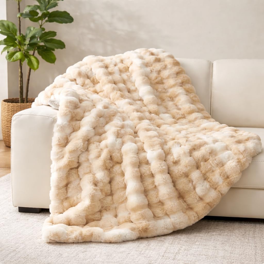 Faux Fur Throw Blanket 60x80, Bubble Textured Plush Soft Faux Rabbit Fur Throw for Couch Sofa Bed, Flannel Backing Machine Washable Cozy Luxury Home Decor, Tie-dye Khaki