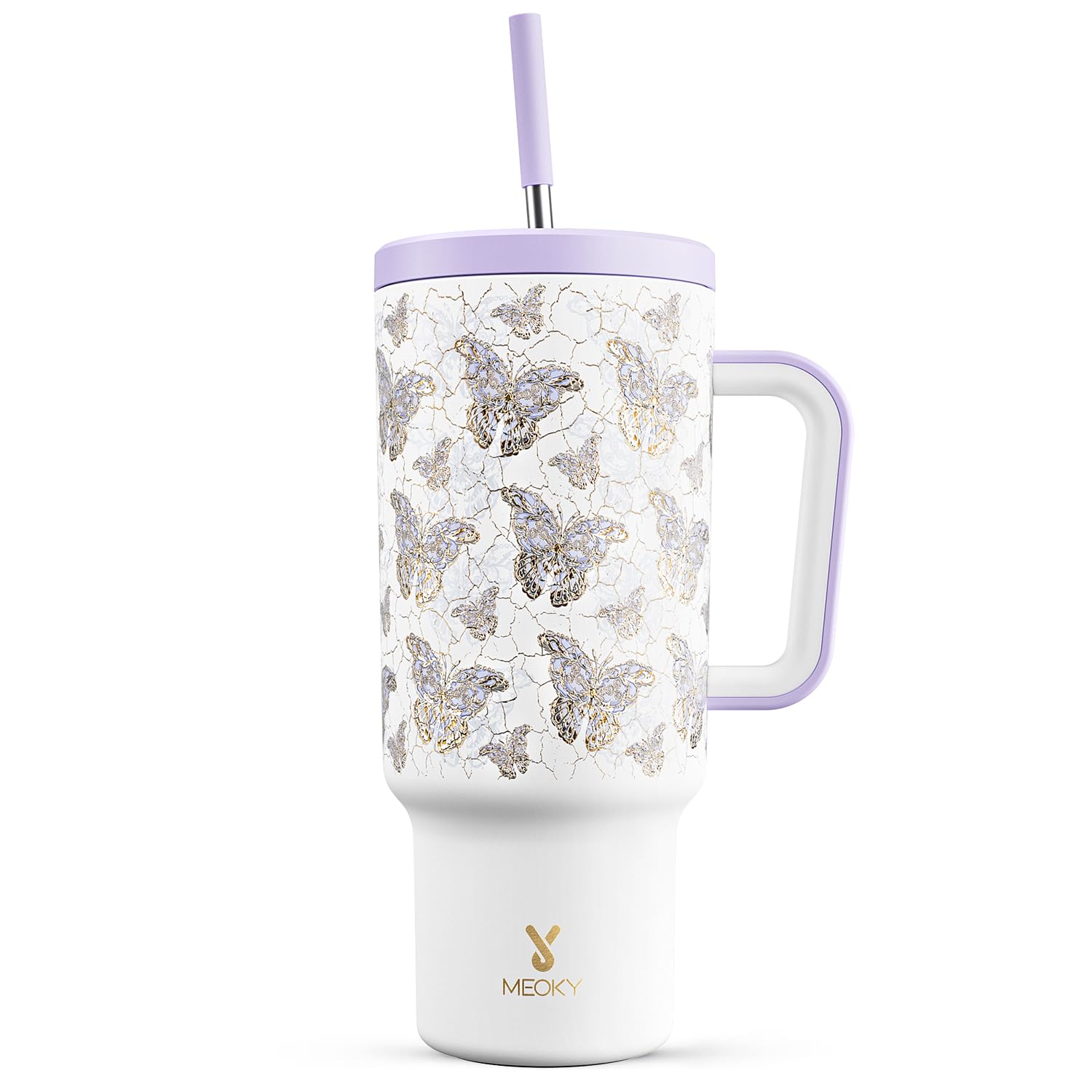 Meoky 40 oz Tumbler with Handle and Straw: Stainless Steel Insulated Tumbler with Lid and Straw - 100% Leak Proof Tumbler for Car Cup Holders - Travelers Commuters Workers, Gold Butterfly
