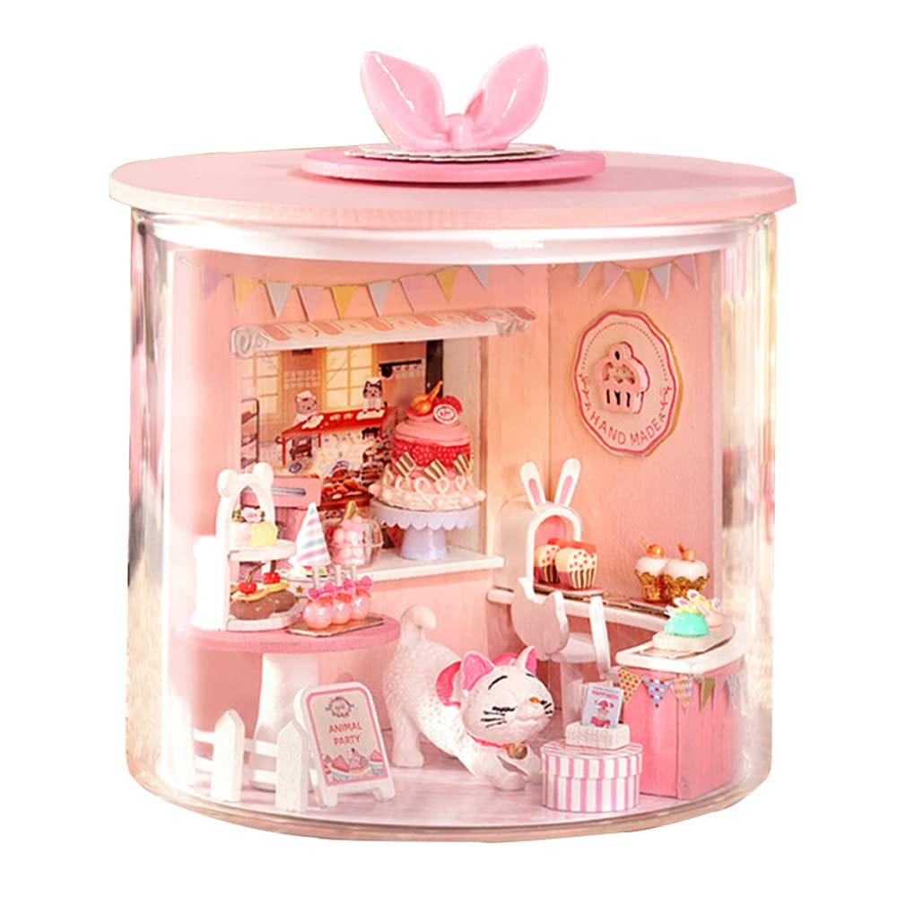 DIY Miniature Wooden Furniture Dollhouse Kit, Handmade Home Craft Model Mini World Series Kit with Dust Cover and LED, 3D Creative Doll House, Exquisite Home Decor (Cake Shop)
