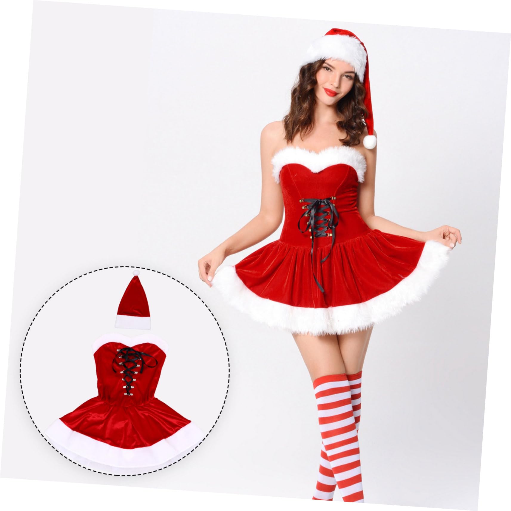 1set Abito Da Festa Di Natale Per Donne Con Cappello e Cintura Costume Da Palcoscenico Elegante Vestito Comodo Per Eventi Festivi e Cerimonie Taglia