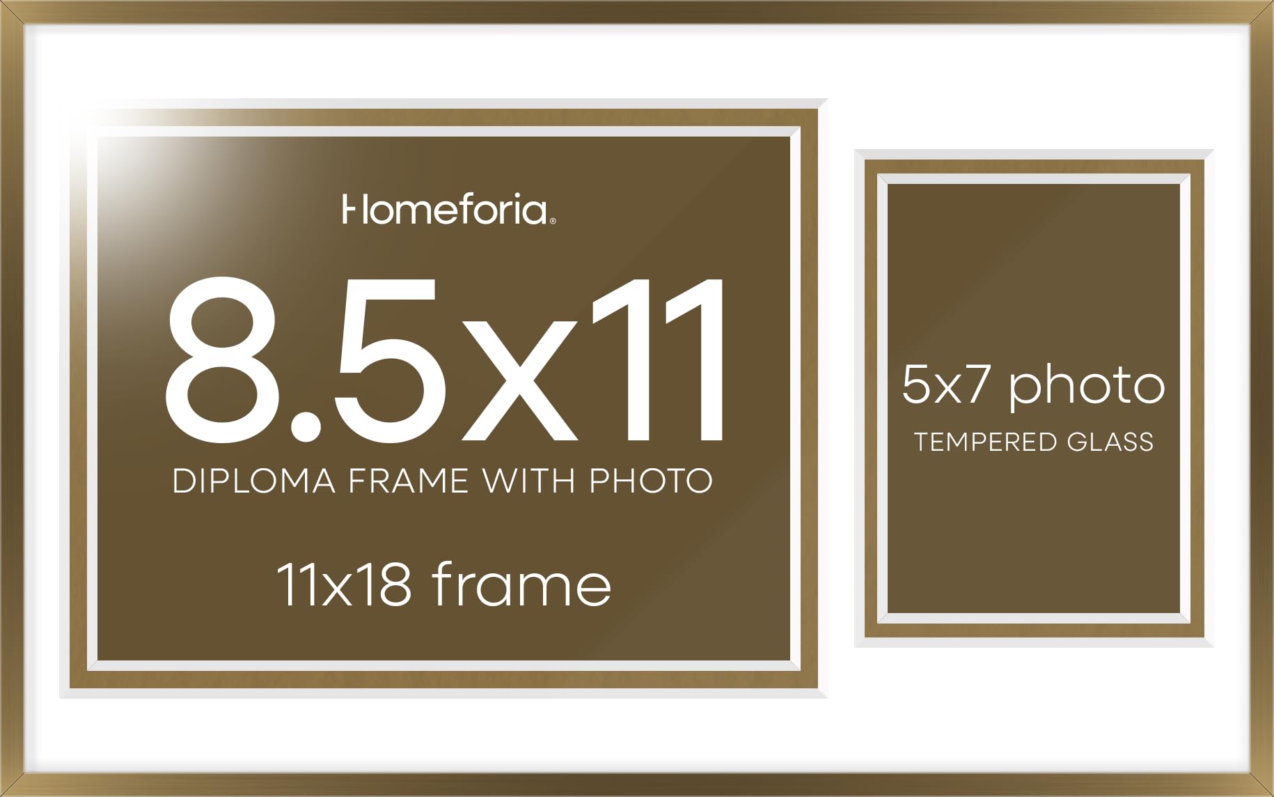 Homeforia 11x18 Bronze Diploma Frame with Photo, High End Metal 11 x 18 Certificate Frame with Mat for 8.5x11 Diploma and 5x7 Picture, 18x11 Award Graduation Frames, Tempered Glass, Wall Kit, Set of 1
