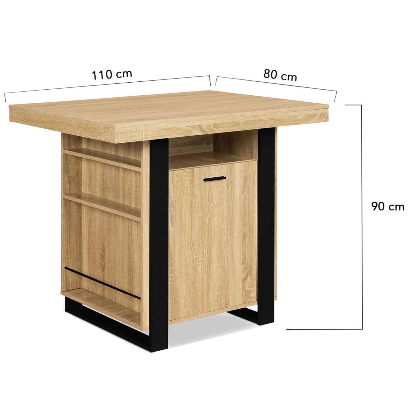 IDMarket - Ilot central PHOENIX 110 cm bois et noir avec rangements