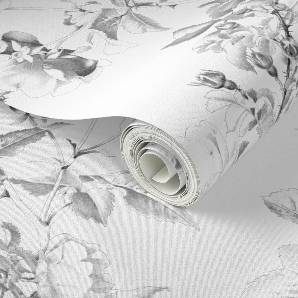 Peel & Stick Wallpaper 3ft x 2ft - English Rose Watercolor Black White Floral Victorian Style Botanical Custom Removable Wallpaper by Spoonflower