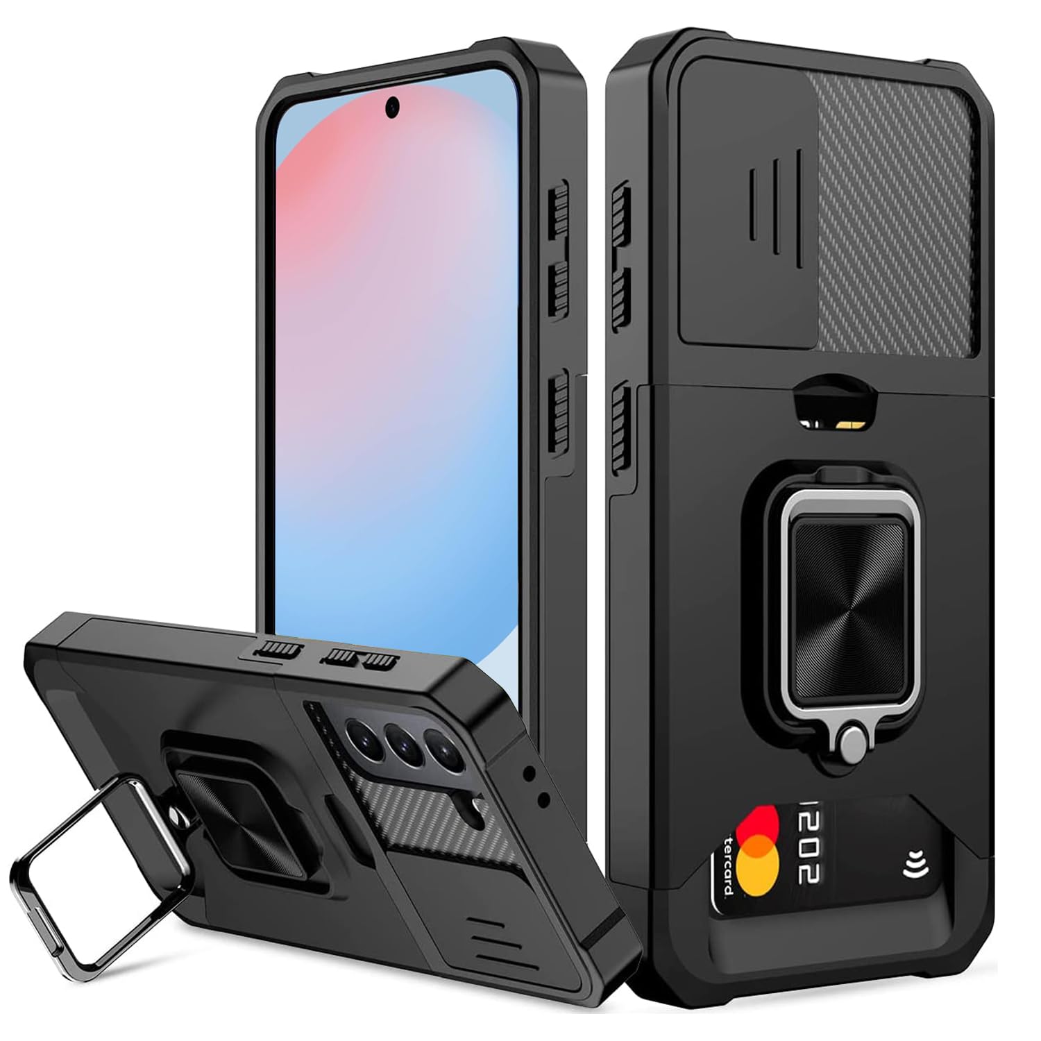 for Samsung Galaxy S24 FE Case, Areaphmet Galaxy S24 FE Case with [Card Holder] and Camera Cover with Built-in 360° Rotate Ring Stand Magnetic Magnet Phone Cover Case for S24 FE