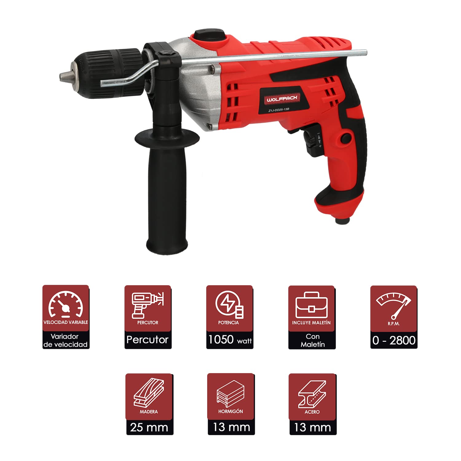 WOLFPACK LINEA PROFESIONAL Taladro Percutor Con Variador de Velocidad 1050 Watt. Incluye Maletín, Empuñadura y Guia Metalica.