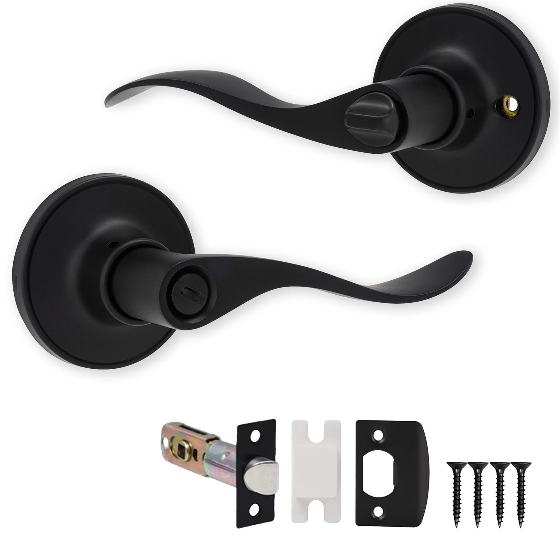 Xfort Matt Black Cabriole Privacy Knob Set Keyless Door Knob With Lock For Internal Wooden Bathroom Doors, Complete Set With Tubular Latch