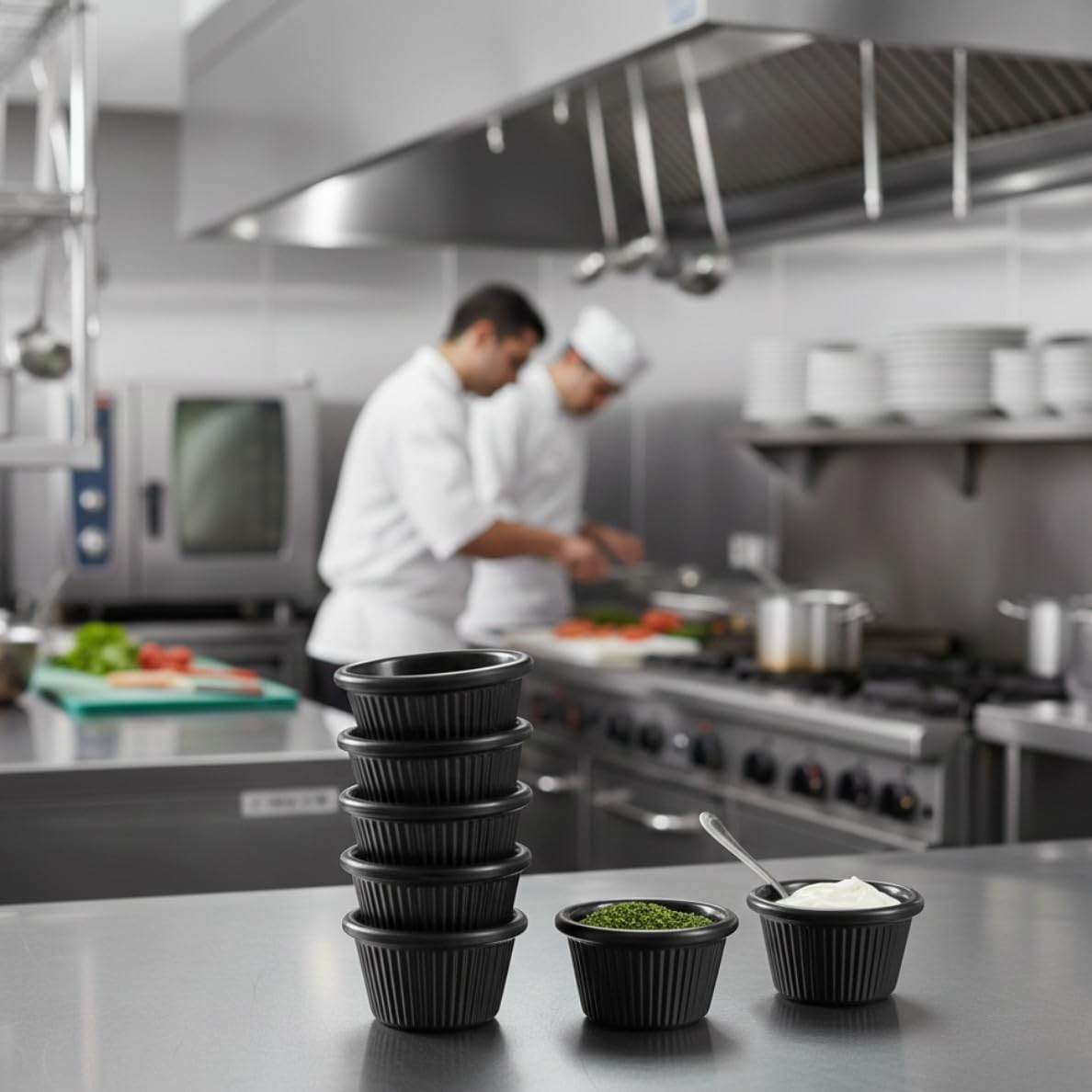 TrueCraftware- 1-1/2 oz. Fluted Ramekin Melamine Black Color Set of 12- Plastic Ramekin Dipping Sauce Cup Portion Dipping Sauce Cups Individual Condiment cups For Catering Kitchen Restaurant