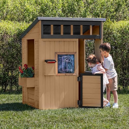 Backyard Discovery Caraway Cottage Cedar Wooden Kids Playhouse with Play Kitchen, Chalkboard, Mailbox, Half Door, Windows, Flower Box, Modern Farmhouse Design for Outdoor Imaginative Play - image 7