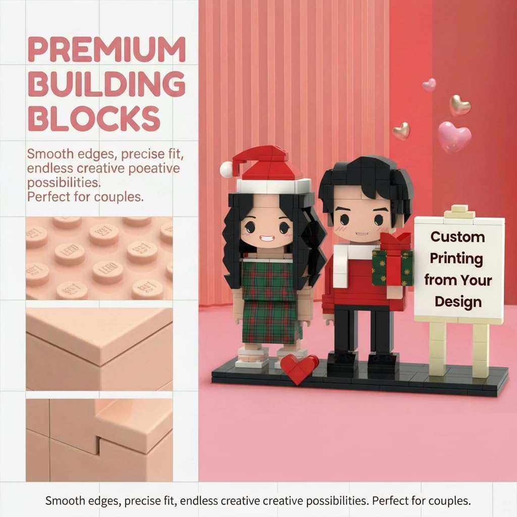 Custom Brick Figures - Personalized Photo Building Blocks - Customizable Brick People with Easel - Full Body Personalized Building Block Romantic Gift for Valentine's Day Anniversary Couple