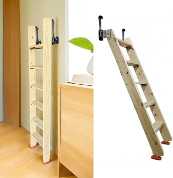 Wooden Anti Slip Bed Ladder, Escape Stairs, High Capacity Wall Mounted Loft Escape Ladder, Safety Handrail Ladder, Adults, Seniors, Children, 5 Step 150 cm 59"