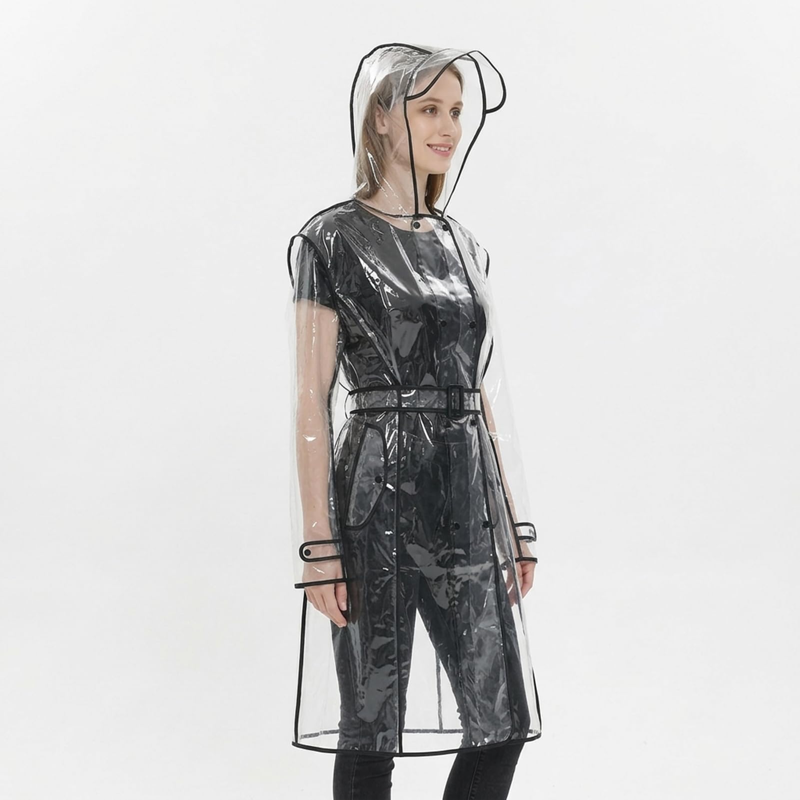 Manteau de pluie portable imperméable pour femme,Poncho transparent et réutilisable résistant à la pluie avec capuche et ceinture pour veste de pluie en plein air, transparent, Taille Unique