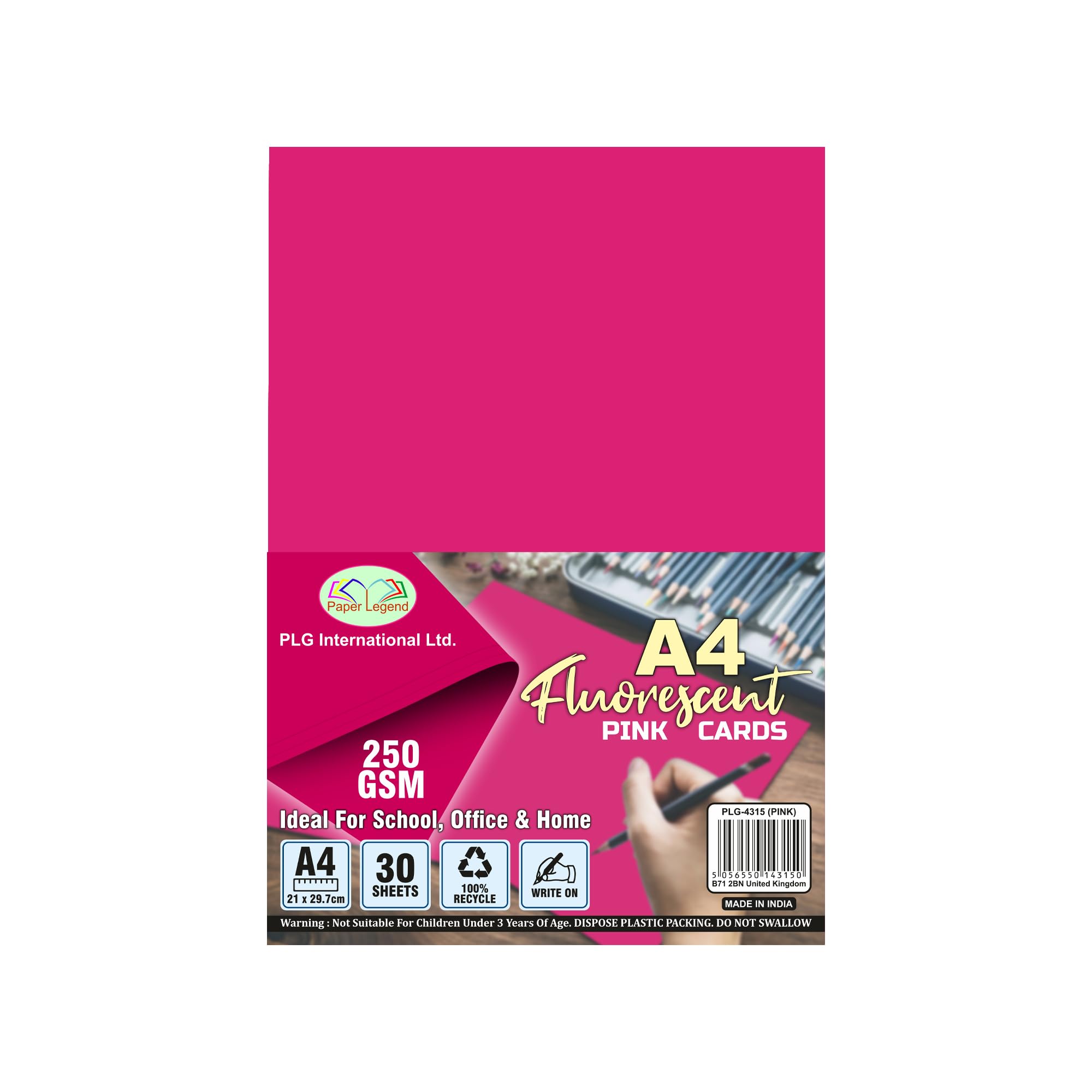60 Sheets A4 Fluorescent Coloured Cards - 250GSM Thick Colourful Art & Crafts Paper 100% Recycled Bright Neon Colour Card Stock for Printer, School Projects, Greeting Cards, Scrapbooking (Pink)